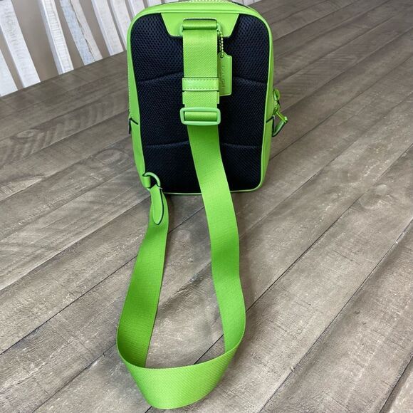 Coach Track Pack Bag Crossbody Signature Canvas Gunmetal Neon Green Leather - Picture 9 of 12